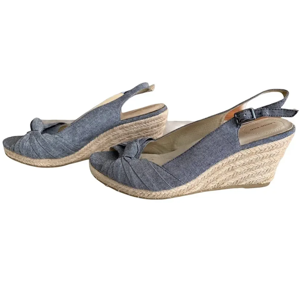 Lands End Denim Chambray Espadrille Wedge Sandals 9